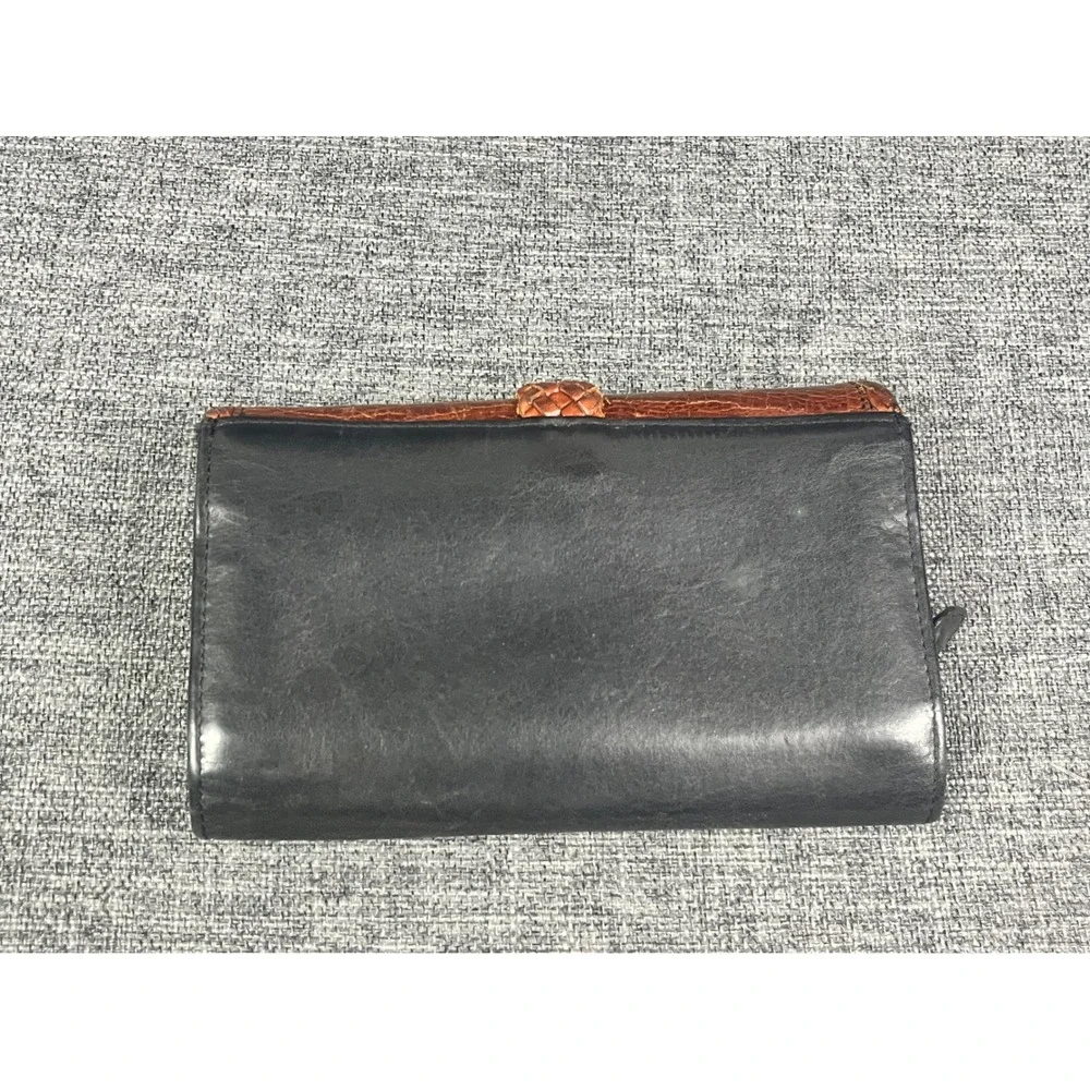 Brighton Leather Wallet Black Cognac Brown Croc Embossed Heart Braided Trim VTG